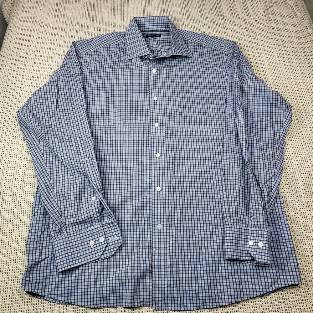 Peter Millar Dress Shirt Mens XL Blue Gingham Crown Crafted Long Sleeve Business